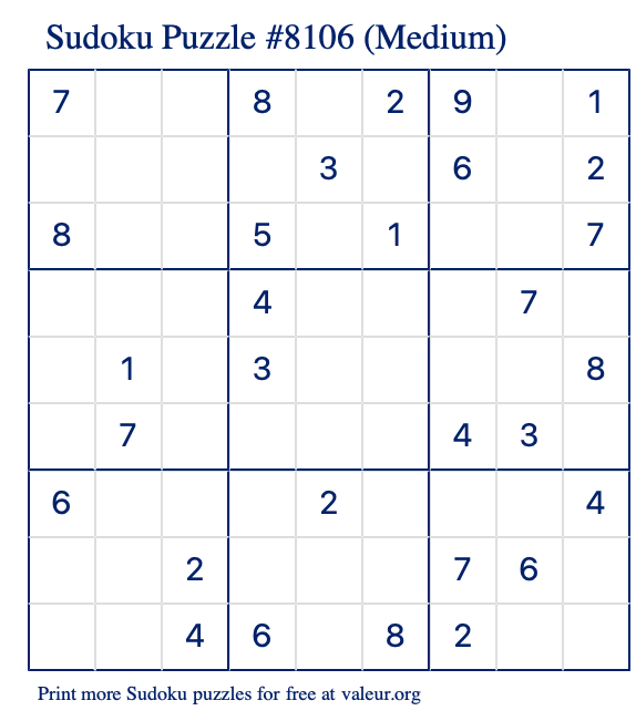 Free Printable Medium Sudoku Puzzle number 8106