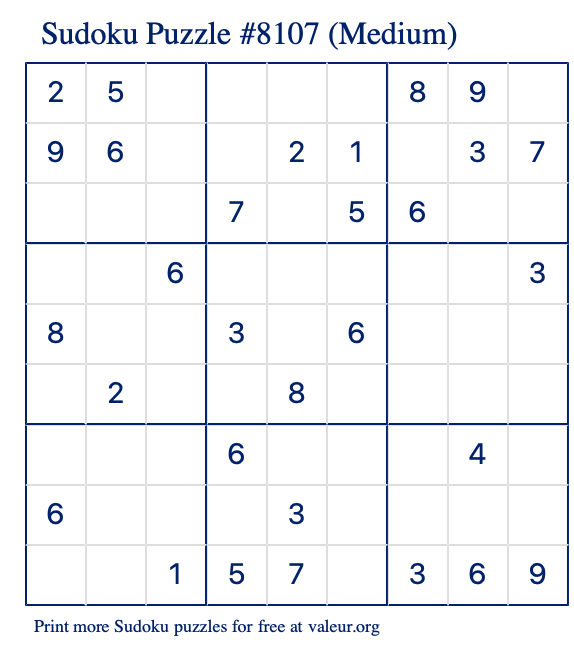 Free Printable Medium Sudoku Puzzle number 8107