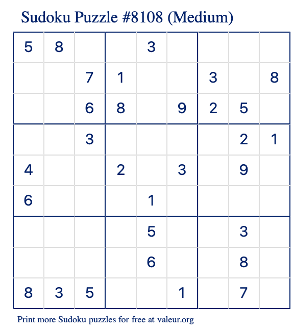 Free Printable Medium Sudoku Puzzle number 8108