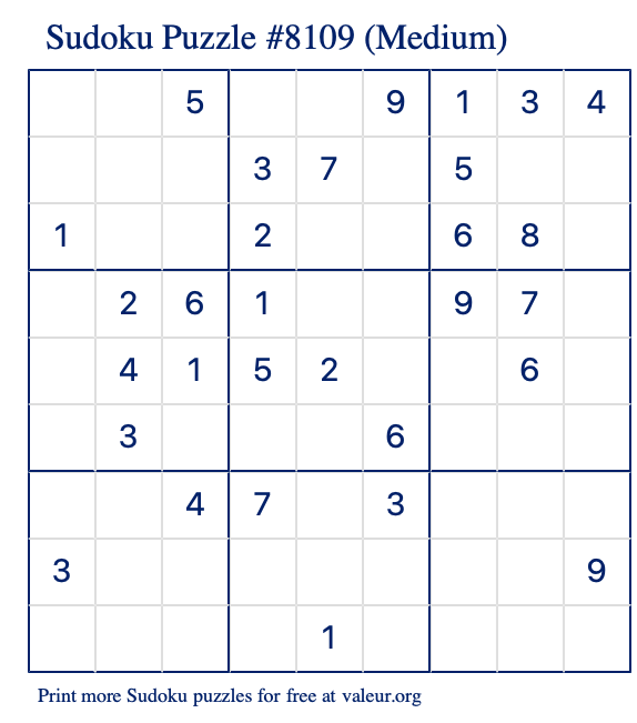 Free Printable Medium Sudoku Puzzle number 8109