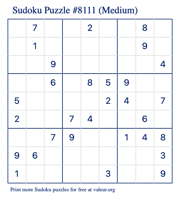 Free Printable Medium Sudoku Puzzle number 8111
