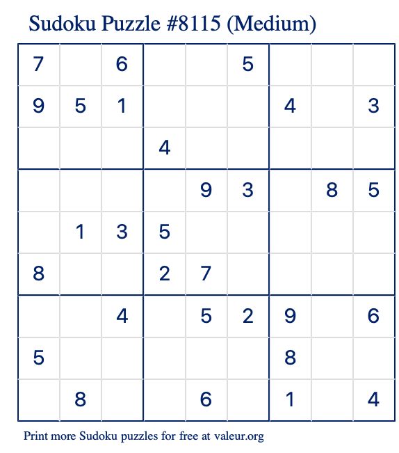 Free Printable Medium Sudoku Puzzle number 8115