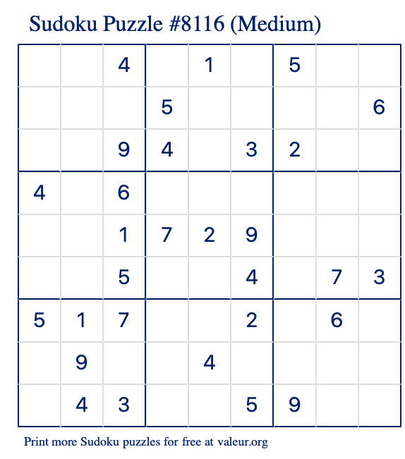 Free Printable Medium Sudoku Puzzle number 8116