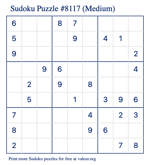 Free Printable Medium Sudoku Puzzle number 8117