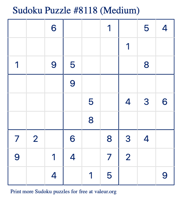 Free Printable Medium Sudoku Puzzle number 8118