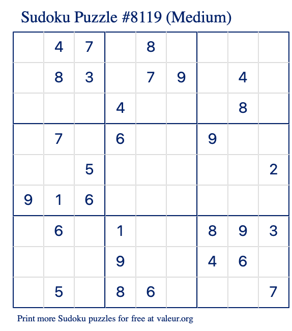 Free Printable Medium Sudoku Puzzle number 8119