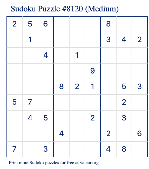 Free Printable Medium Sudoku Puzzle number 8120