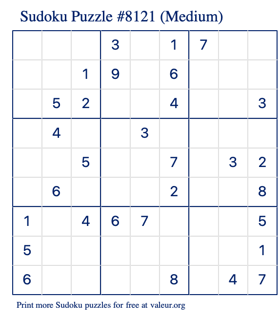 Free Printable Medium Sudoku Puzzle number 8121