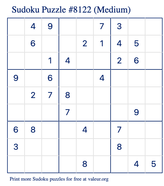 Free Printable Medium Sudoku Puzzle number 8122