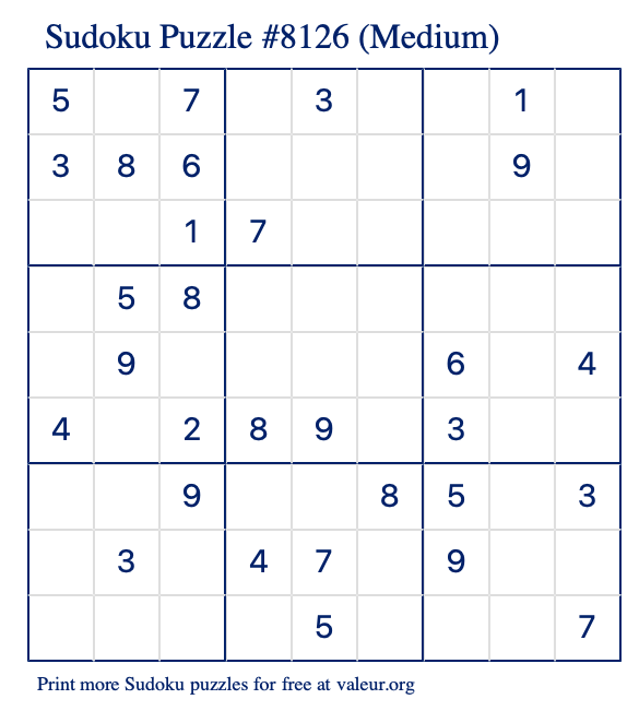 Free Printable Medium Sudoku Puzzle number 8126