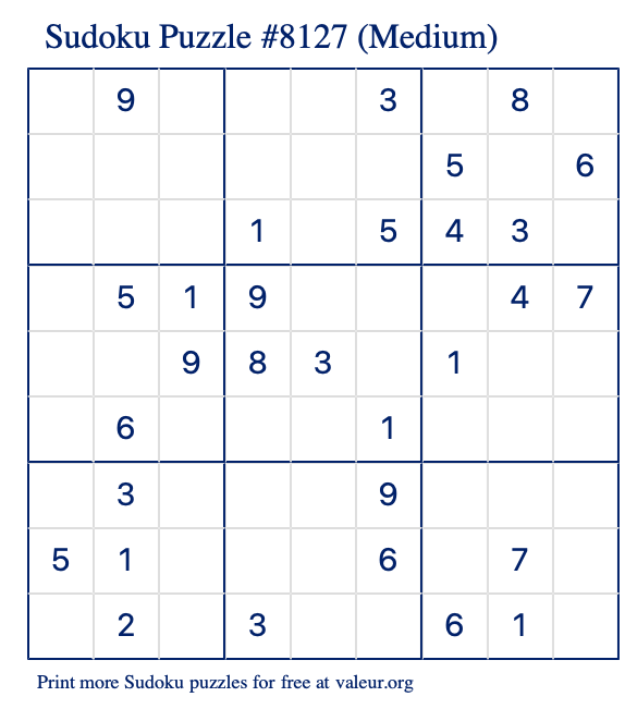 Free Printable Medium Sudoku Puzzle number 8127