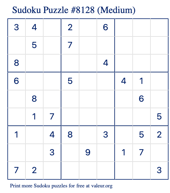 Free Printable Medium Sudoku Puzzle number 8128