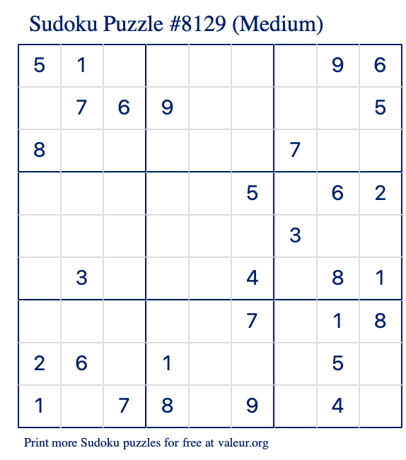 Free Printable Medium Sudoku Puzzle number 8129