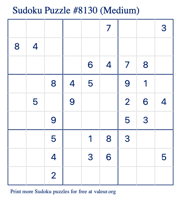 Free Printable Medium Sudoku Puzzle number 8130