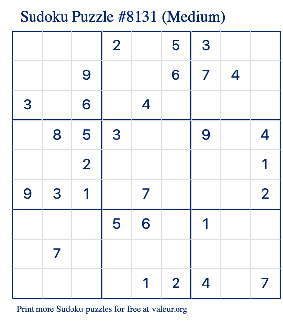 Free Printable Medium Sudoku Puzzle number 8131
