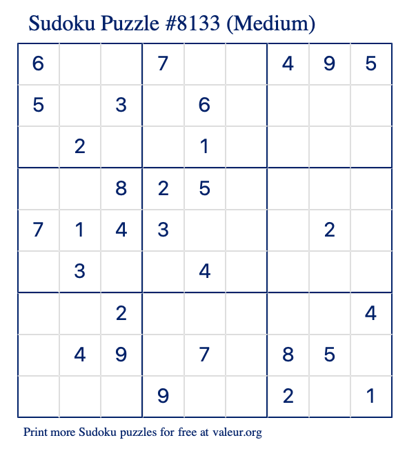 Free Printable Medium Sudoku Puzzle number 8133
