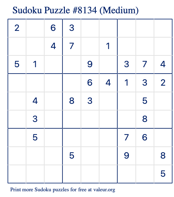 Free Printable Medium Sudoku Puzzle number 8134