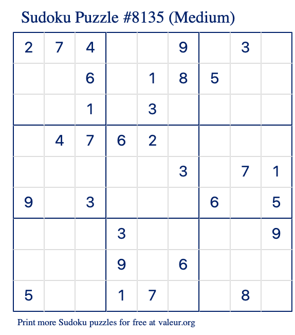 Free Printable Medium Sudoku Puzzle number 8135