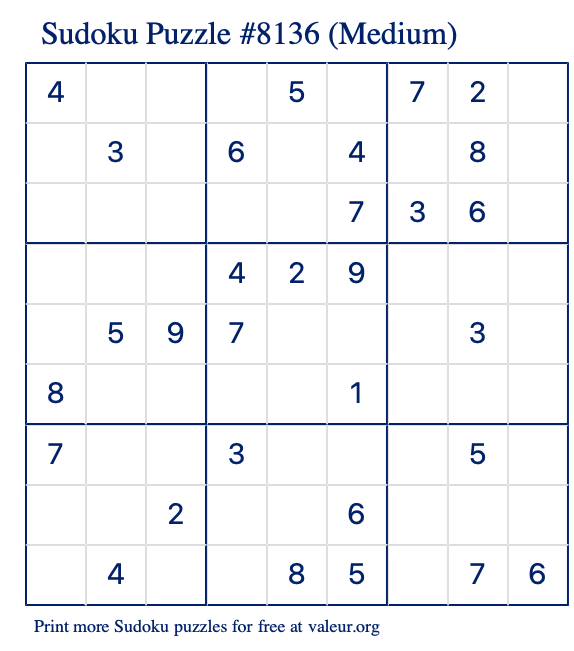 Free Printable Medium Sudoku Puzzle number 8136