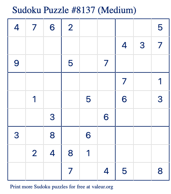 Free Printable Medium Sudoku Puzzle number 8137