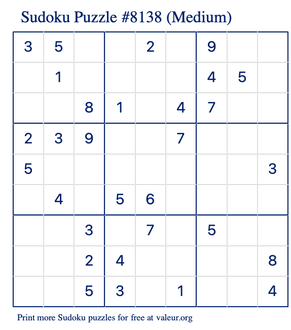 Free Printable Medium Sudoku Puzzle number 8138