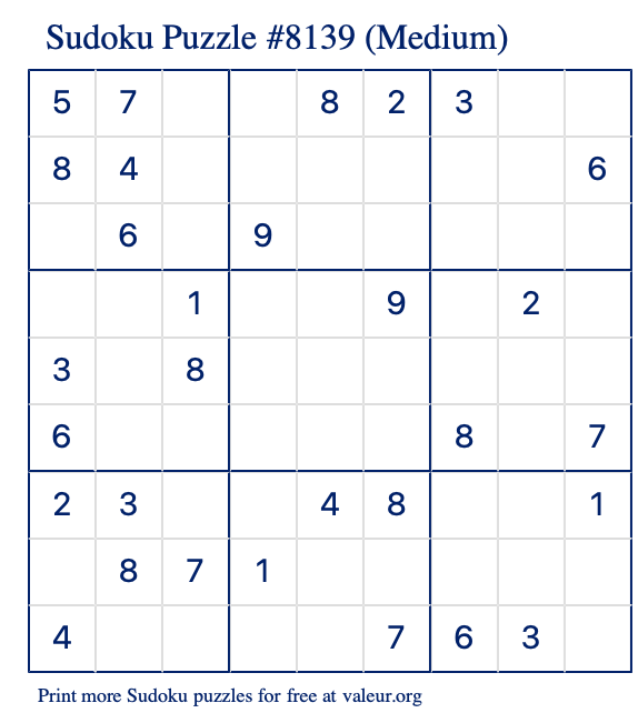 Free Printable Medium Sudoku Puzzle number 8139