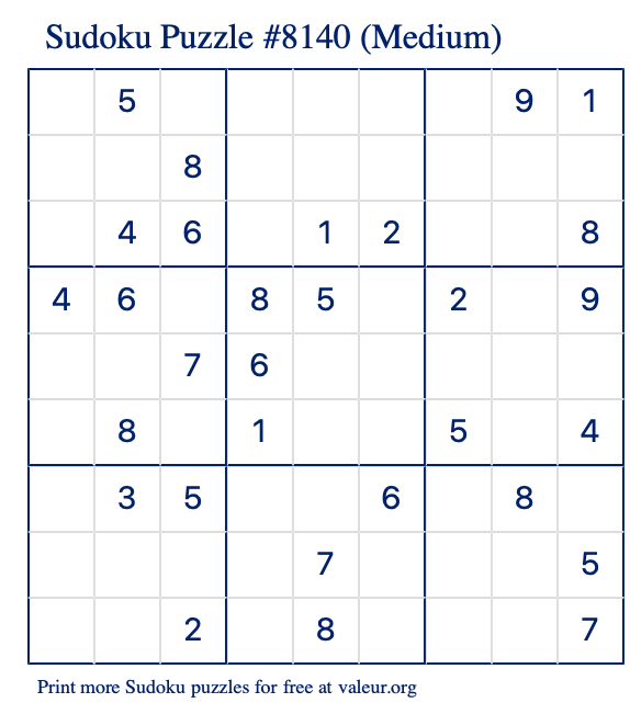 Free Printable Medium Sudoku Puzzle number 8140