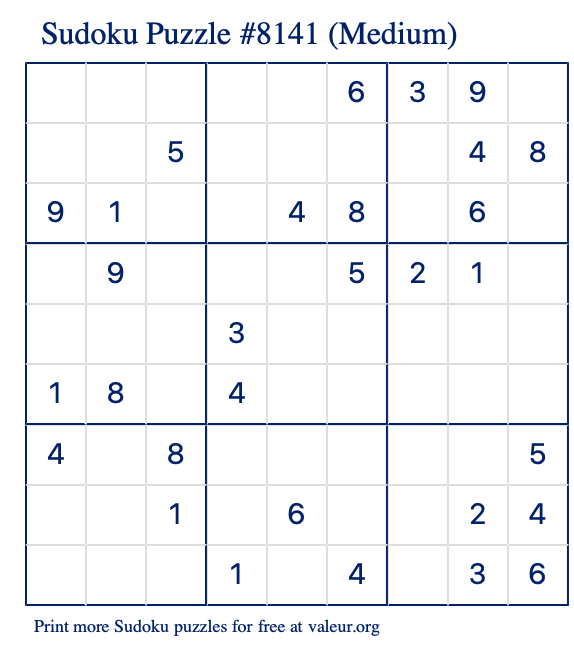 Free Printable Medium Sudoku Puzzle number 8141