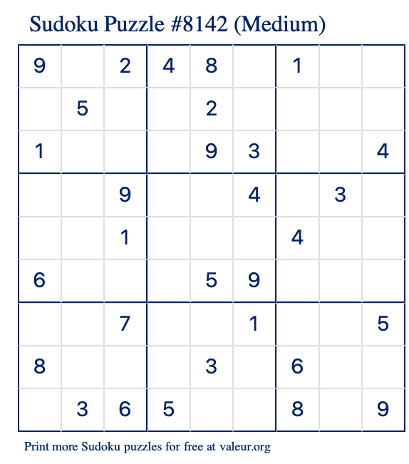 Free Printable Medium Sudoku Puzzle number 8142