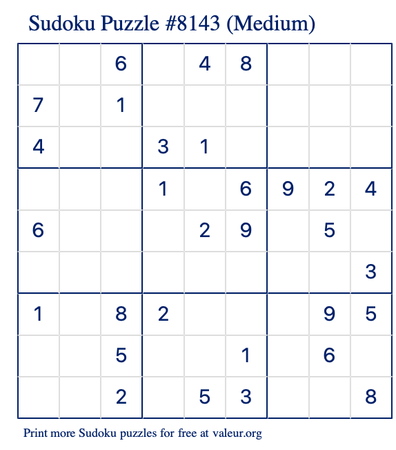 Free Printable Medium Sudoku Puzzle number 8143