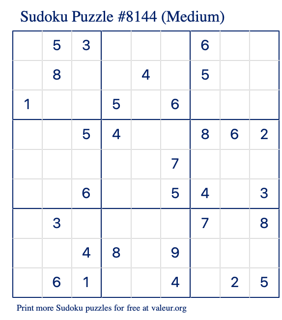 Free Printable Medium Sudoku Puzzle number 8144