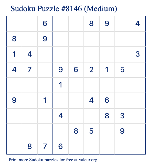 Free Printable Medium Sudoku Puzzle number 8146
