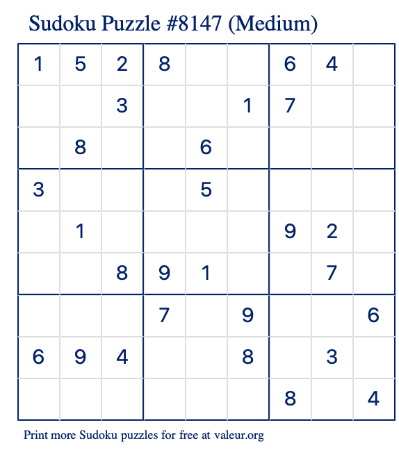 Free Printable Medium Sudoku Puzzle number 8147