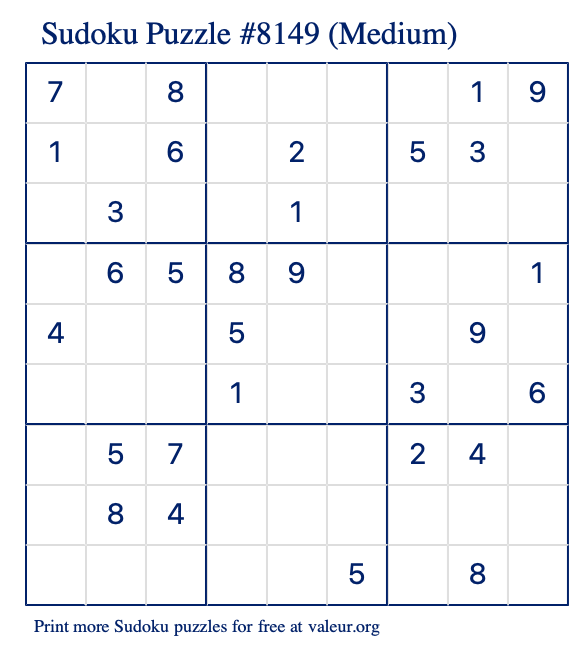 Free Printable Medium Sudoku Puzzle number 8149