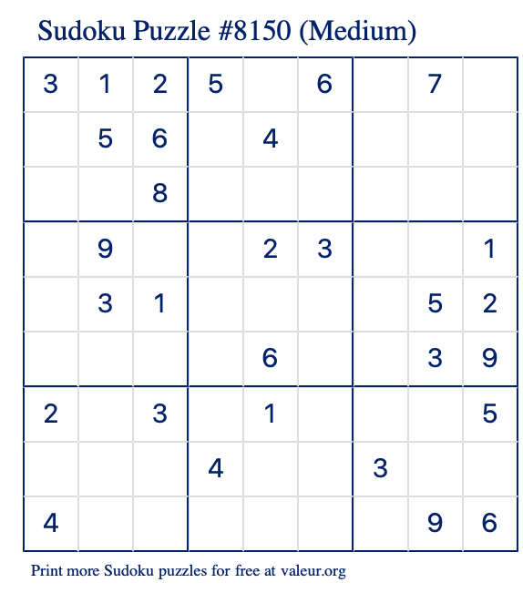 Free Printable Medium Sudoku Puzzle number 8150