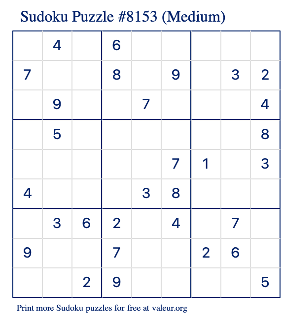 Free Printable Medium Sudoku Puzzle number 8153