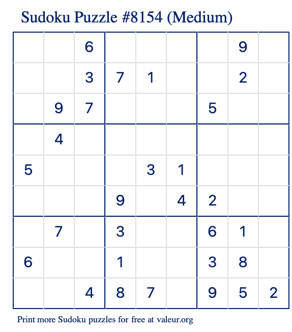 Free Printable Medium Sudoku Puzzle number 8154