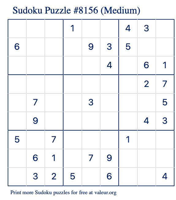 Free Printable Medium Sudoku Puzzle number 8156