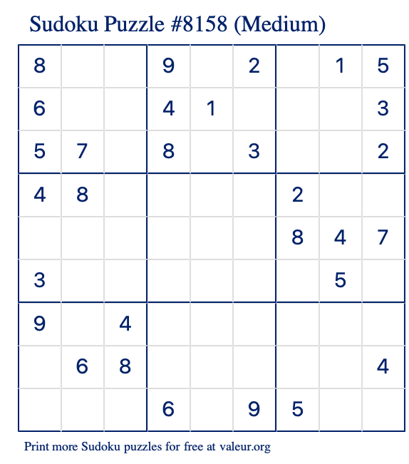 Free Printable Medium Sudoku Puzzle number 8158