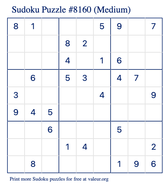 Free Printable Medium Sudoku Puzzle number 8160