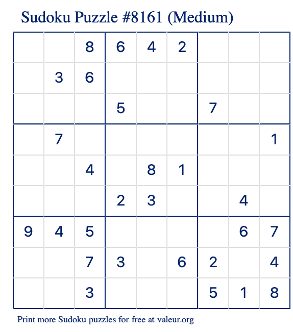 Free Printable Medium Sudoku Puzzle number 8161