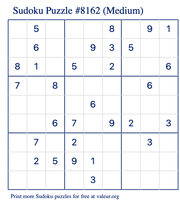 Free Printable Medium Sudoku Puzzle number 8162