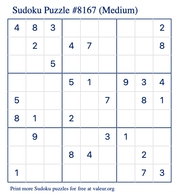 Free Printable Medium Sudoku Puzzle number 8167