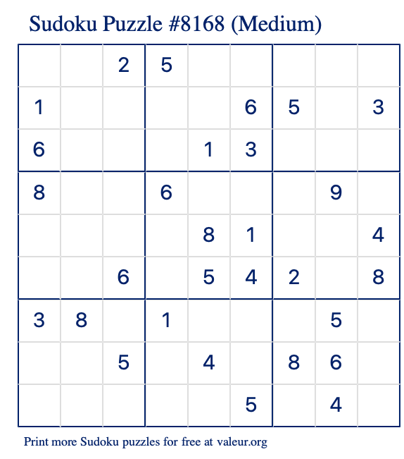 Free Printable Medium Sudoku Puzzle number 8168