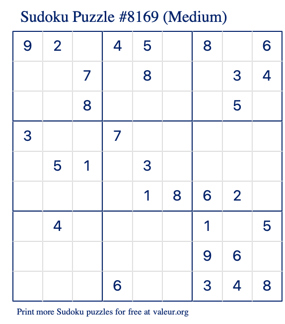Free Printable Medium Sudoku Puzzle number 8169