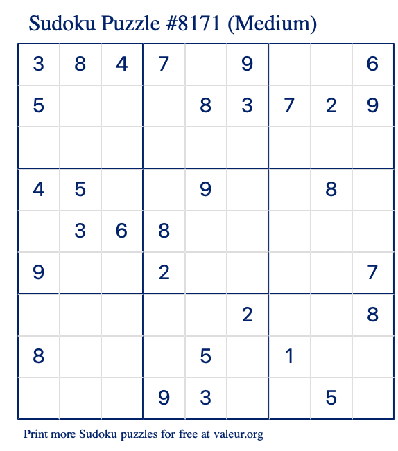 Free Printable Medium Sudoku Puzzle number 8171