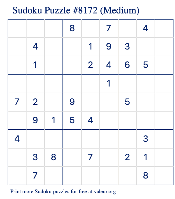 Free Printable Medium Sudoku Puzzle number 8172