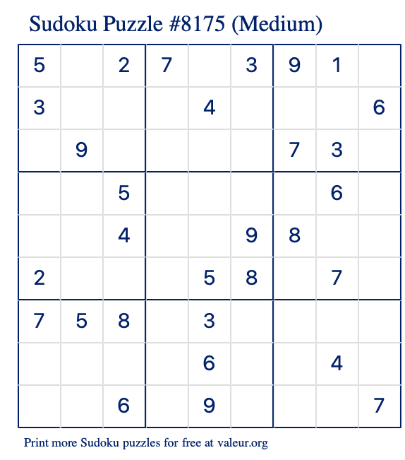 Free Printable Medium Sudoku Puzzle number 8175