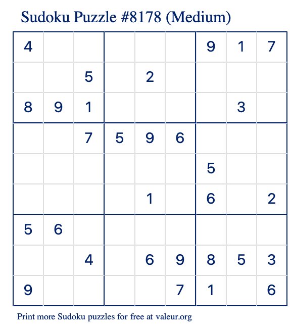 Free Printable Medium Sudoku Puzzle number 8178