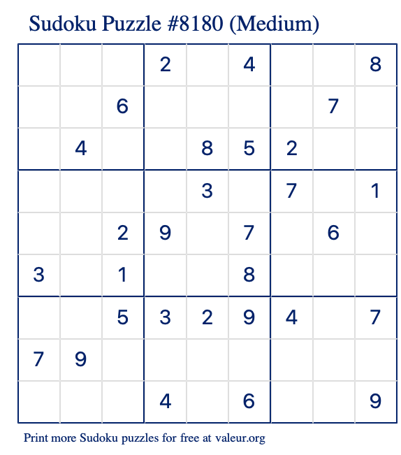 Free Printable Medium Sudoku Puzzle number 8180